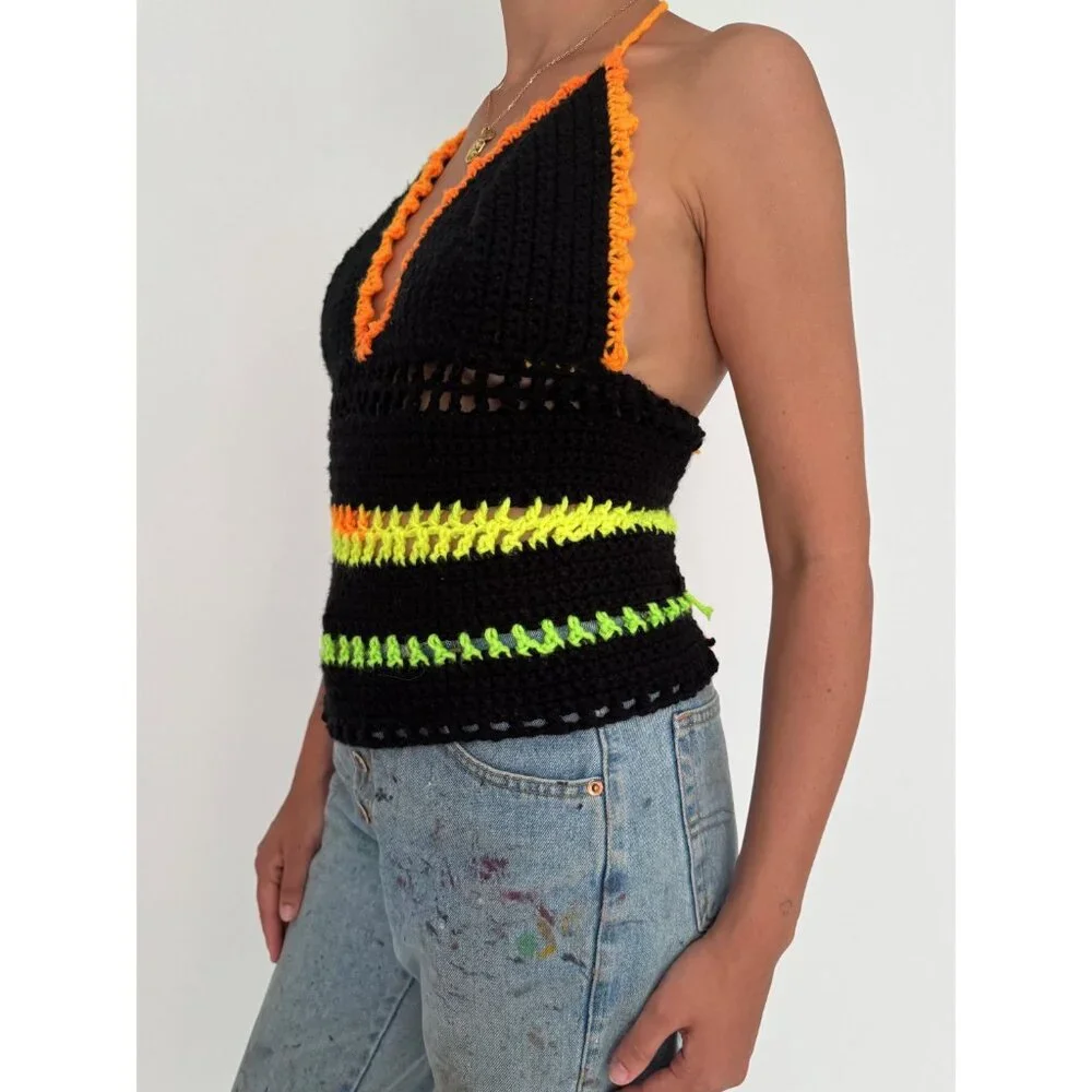 Vintage black colorful hand knit crochet festival backless halter tank crop top - Picture 8 of 10
